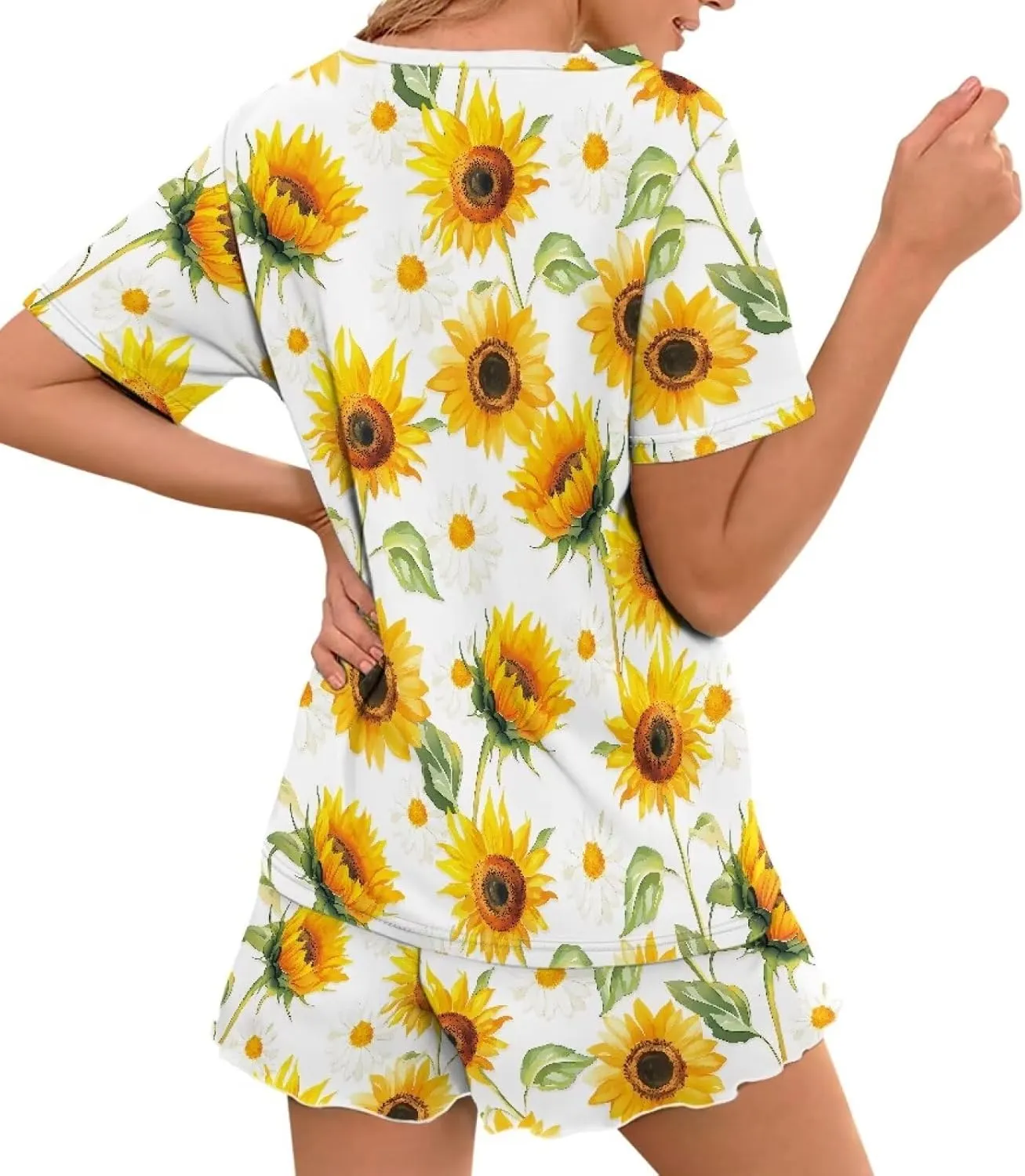 2 Piece Women's Pajamas Set Summer Short Sleeve Loungewear Top and Ruffle Shorts Elastic Waist Sleepwear Suit