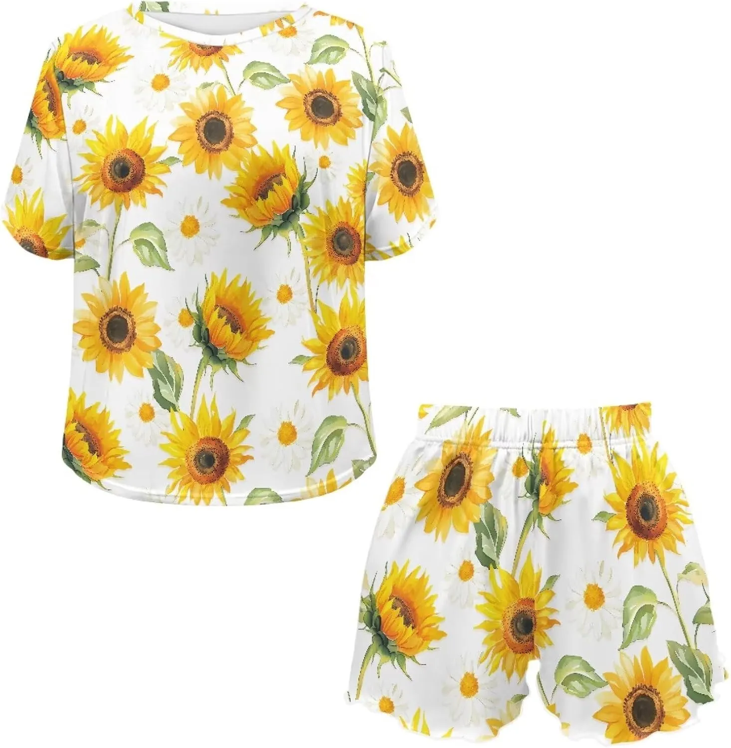 2 Piece Women's Pajamas Set Summer Short Sleeve Loungewear Top and Ruffle Shorts Elastic Waist Sleepwear Suit