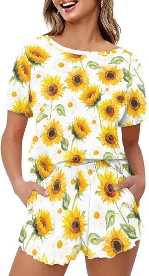 2 Piece Women's Pajamas Set Summer Short Sleeve Loungewear Top and Ruffle Shorts Elastic Waist Sleepwear Suit