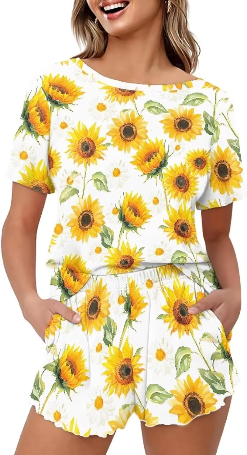 2 Piece Women's Pajamas Set Summer Short Sleeve Loungewear Top and Ruffle Shorts Elastic Waist Sleepwear Suit