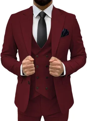 3 Piece Slim Fit Classic Double Breasted Formal Suit for Men - Wedding Prom Blazer, Pants, and Vest