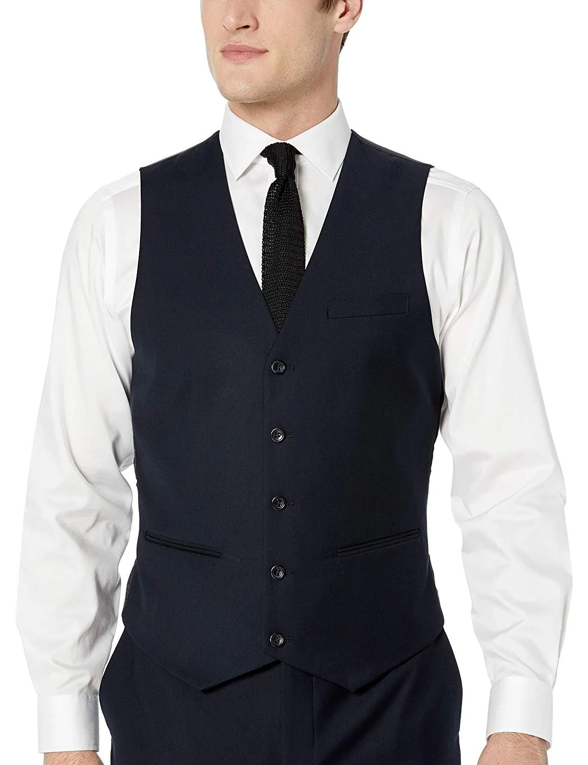 Adam Baker Men's Slim Fit 3-Piece (Jacket, Vets, Trousers) Vested Suit Set Black & Navy