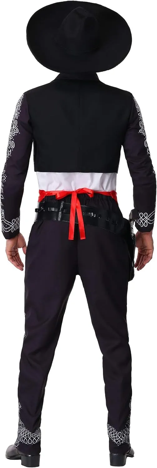 Adult Three Amigos Halloween Costume | Men's Black Mariachi Suit Costume with Jacket, Shirt, Pants, Tie, Cummerbund, Hat