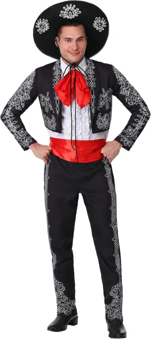Adult Three Amigos Halloween Costume | Men's Black Mariachi Suit Costume with Jacket, Shirt, Pants, Tie, Cummerbund, Hat