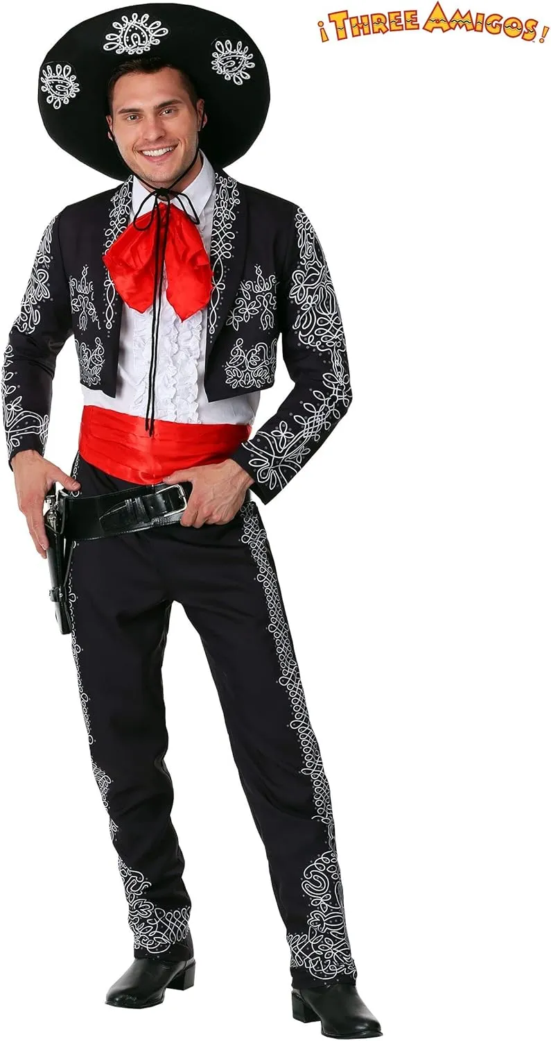 Adult Three Amigos Halloween Costume | Men's Black Mariachi Suit Costume with Jacket, Shirt, Pants, Tie, Cummerbund, Hat