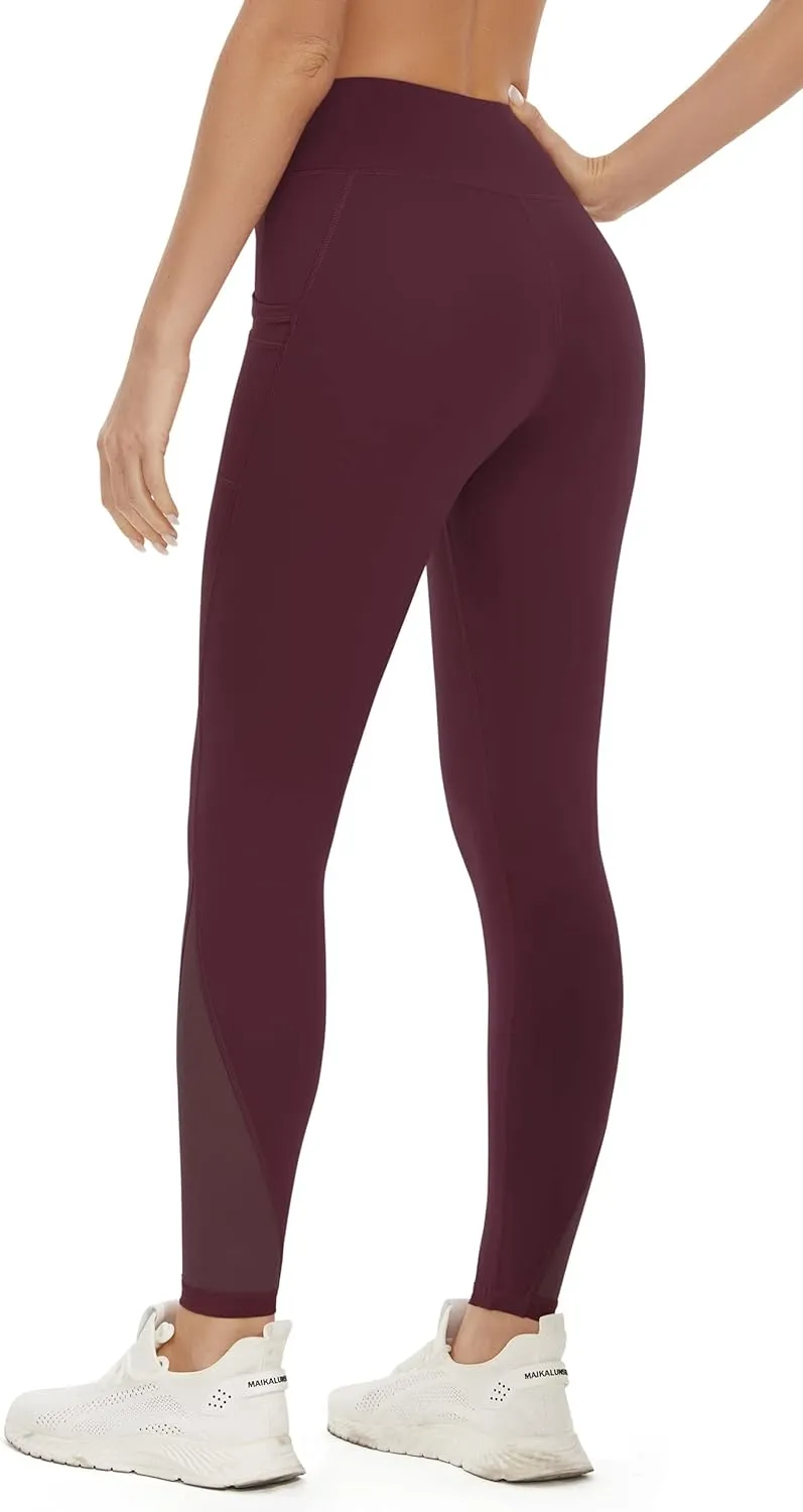 AFITNE Womens High Waist Mesh Yoga Leggings with Side Pockets, Tummy Control Workout Squat-Proof Yoga Pants