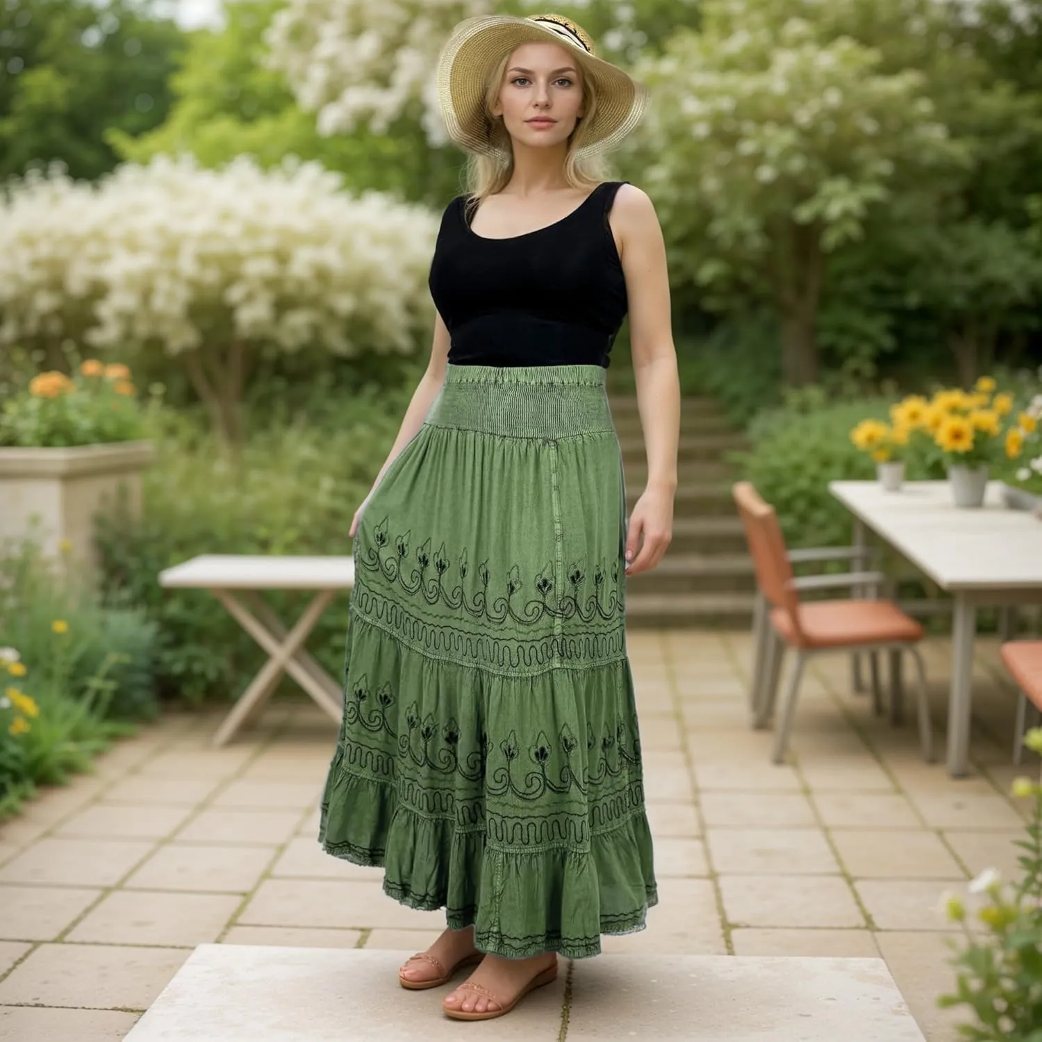 Agan Traders Women's 2025 Summer Peasant High Elastic Waistband Flared Gypsy Long Embroidered Maxi Skirt