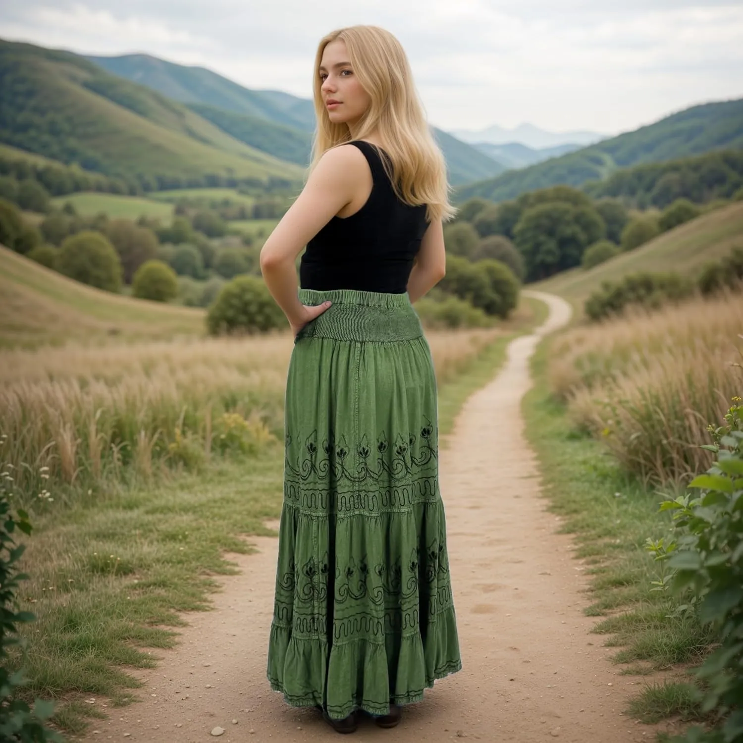 Agan Traders Women's 2025 Summer Peasant High Elastic Waistband Flared Gypsy Long Embroidered Maxi Skirt