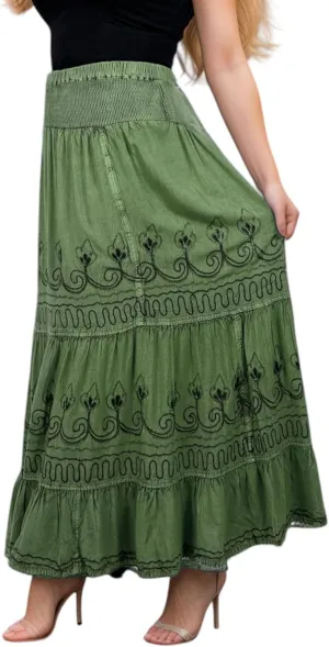 Agan Traders Women's 2025 Summer Peasant High Elastic Waistband Flared Gypsy Long Embroidered Maxi Skirt