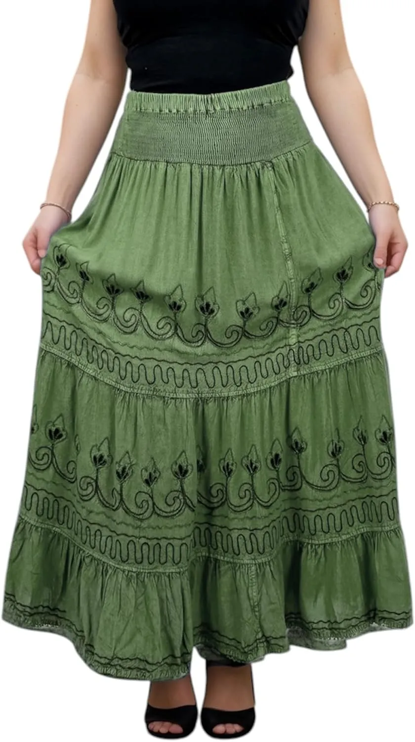 Agan Traders Women's 2025 Summer Peasant High Elastic Waistband Flared Gypsy Long Embroidered Maxi Skirt