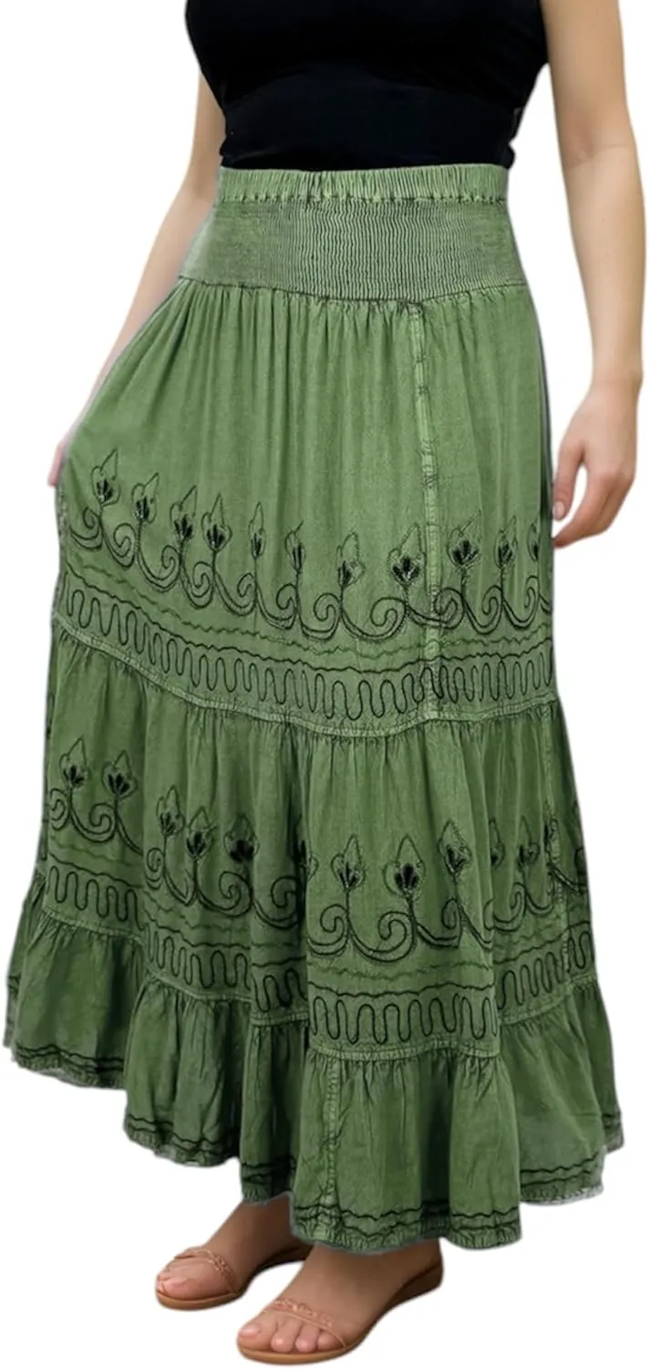 Agan Traders Women's 2025 Summer Peasant High Elastic Waistband Flared Gypsy Long Embroidered Maxi Skirt