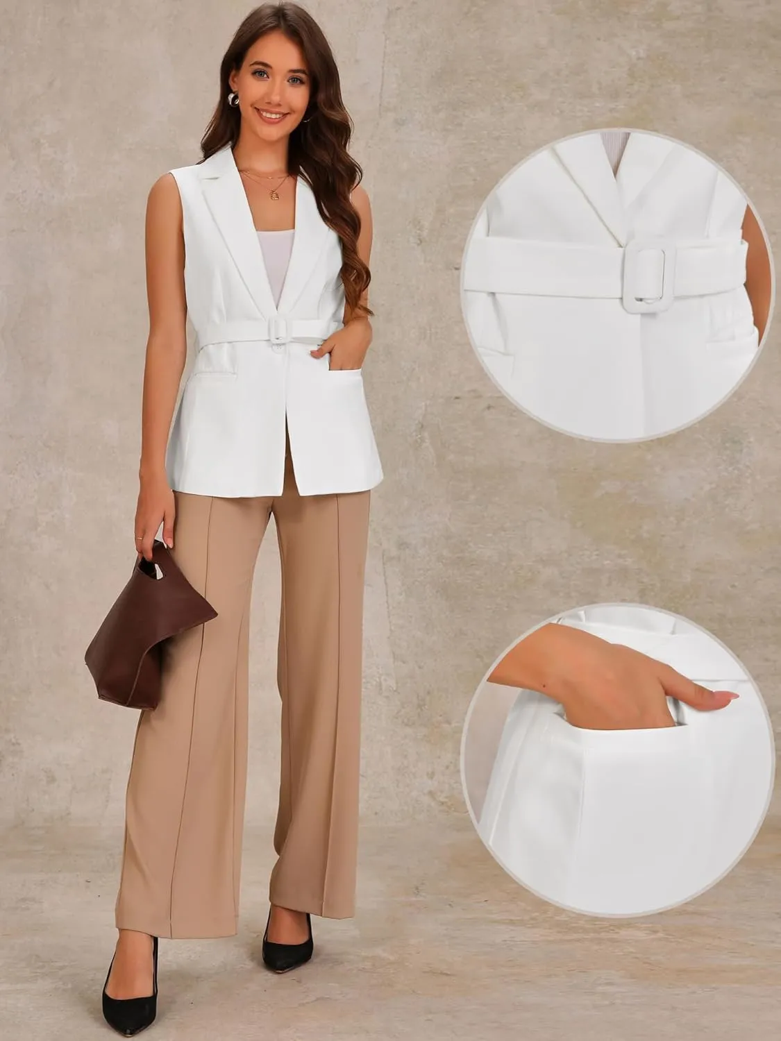 Allegra K Suit Vest for Women's Fashion Dressy Button Up Belted V Neck Sleeveless Waistcoat
