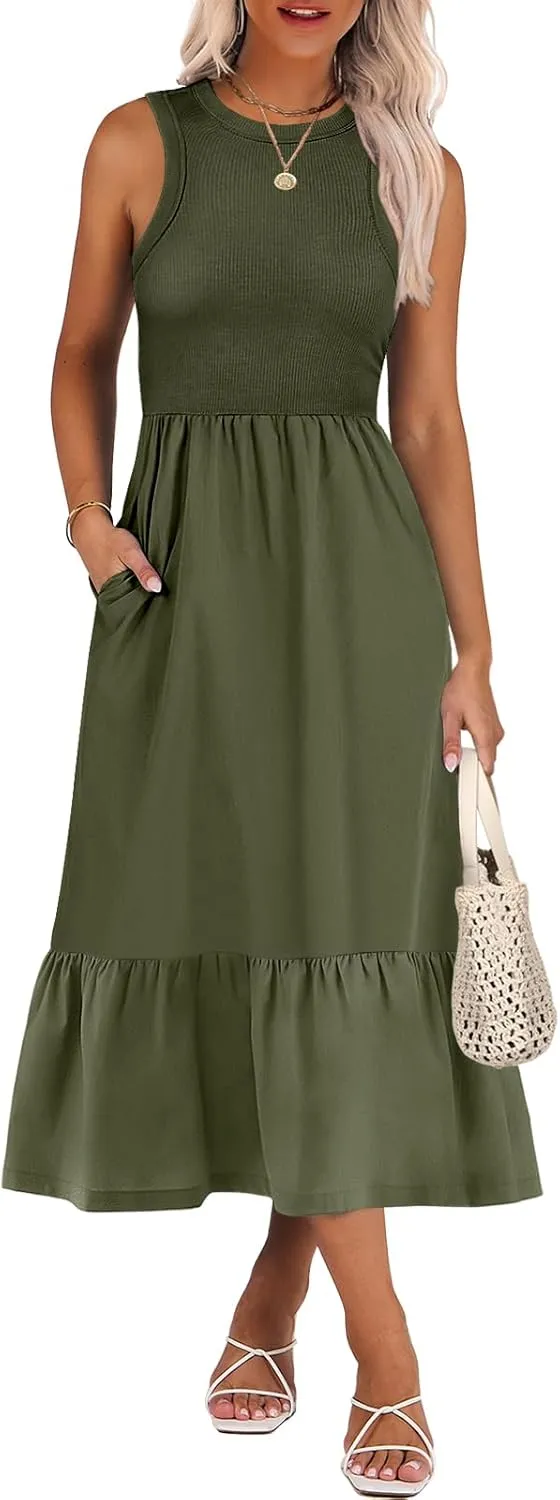 ANRABESS Women Midi Dresses 2025 Summer Casual Sleeveless Sundress High Neck Tank Top Racerback Flowy Beach Dress  Pockets