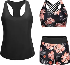 Aqua Eve 3 Piece Athletic Tankini Swimsuits for Women with Swim Tank Tops with Boy Shorts and Sports Bra Modest Bathing Suit