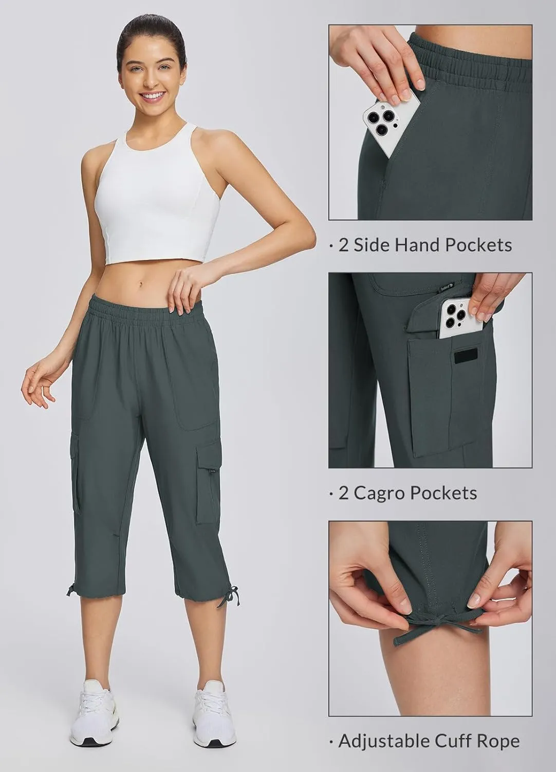 baleaf Women's 15" Cargo Capri Hiking Pants Quick Dry Lightweight Elastic Waist Outdoor Hiking Travel Casual with Pocket
