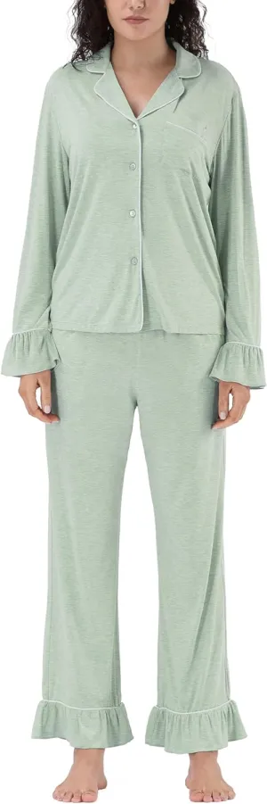 Bamboo Rayon Pajama Sets for Women, Long Sleeve Button Down Sleepwear, 2 Piece Loungewear Loose Fit Drop Shoulder