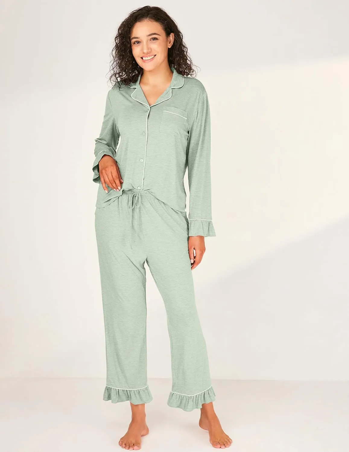 Bamboo Rayon Pajama Sets for Women, Long Sleeve Button Down Sleepwear, 2 Piece Loungewear Loose Fit Drop Shoulder