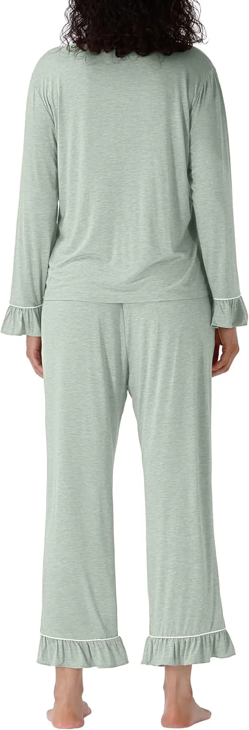 Bamboo Rayon Pajama Sets for Women, Long Sleeve Button Down Sleepwear, 2 Piece Loungewear Loose Fit Drop Shoulder