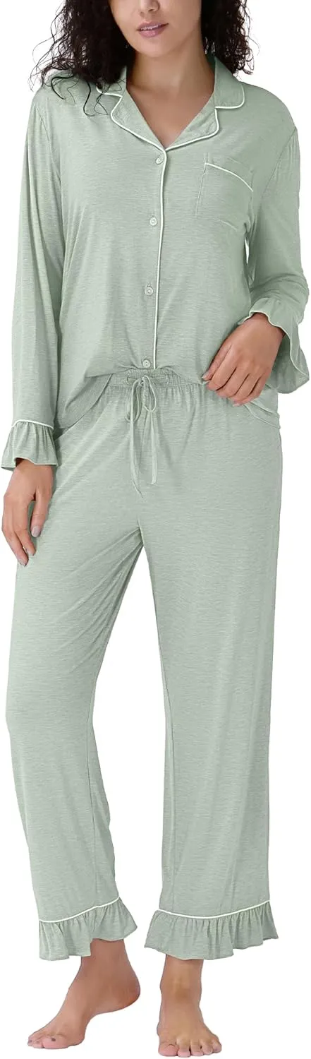 Bamboo Rayon Pajama Sets for Women, Long Sleeve Button Down Sleepwear, 2 Piece Loungewear Loose Fit Drop Shoulder