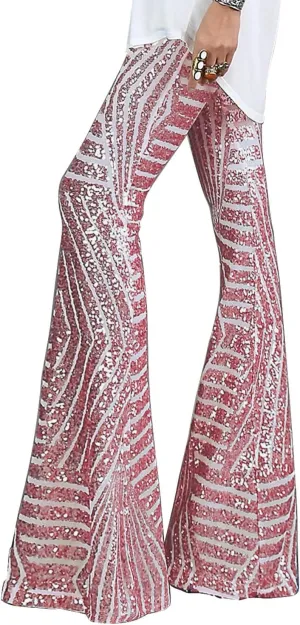 Bdcoco Womens High Waist Sequin Sparkle Flared Pants Wide Leg Bell Bottom Trousers