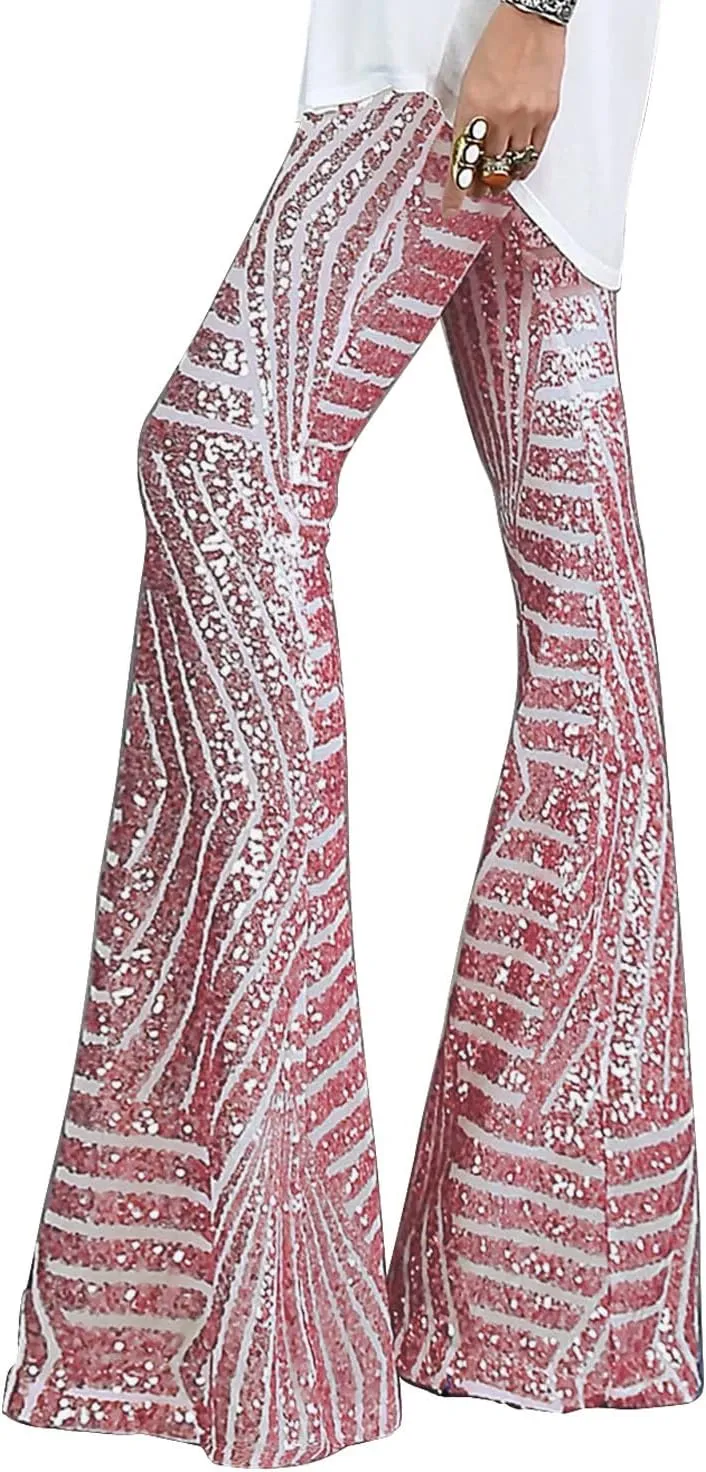 Bdcoco Womens High Waist Sequin Sparkle Flared Pants Wide Leg Bell Bottom Trousers