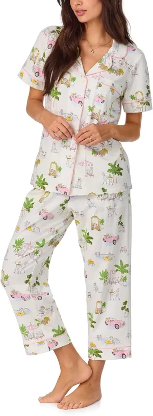 BedHead PJs Womens Short Sleeve Notch Collar & Cropped Pants Sleepwear Pajama Set, Organic Cotton