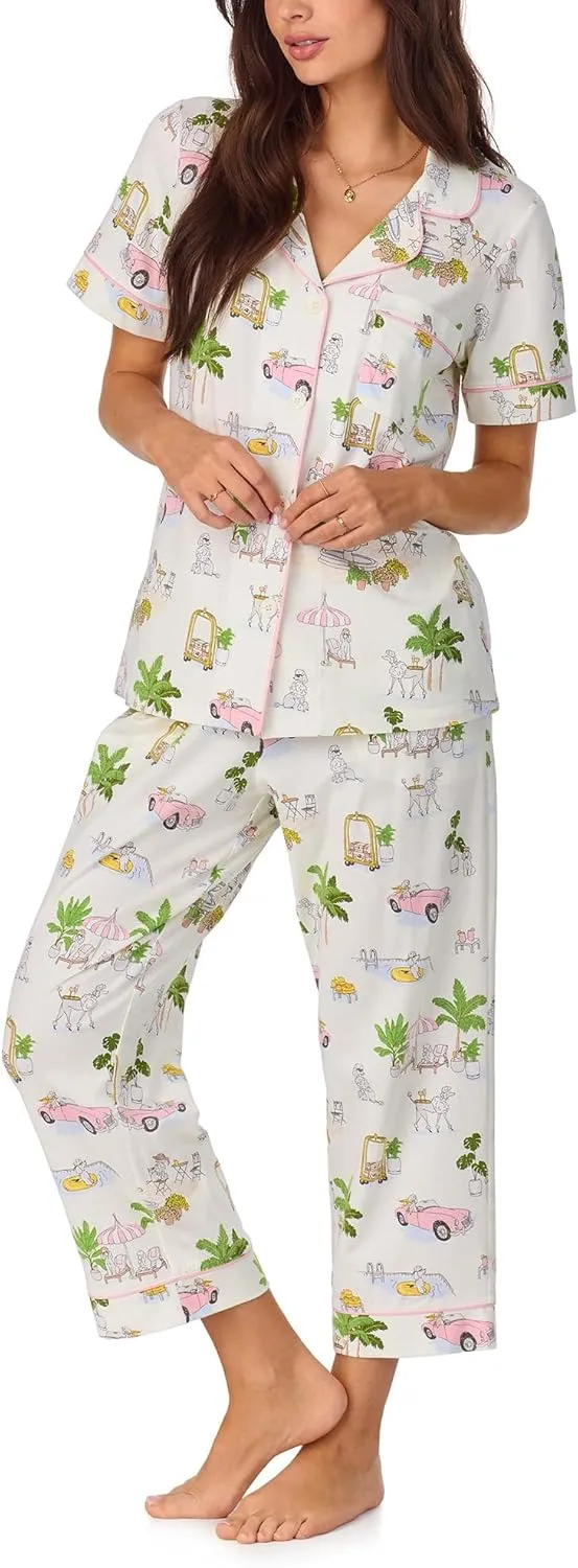 BedHead PJs Womens Short Sleeve Notch Collar & Cropped Pants Sleepwear Pajama Set, Organic Cotton