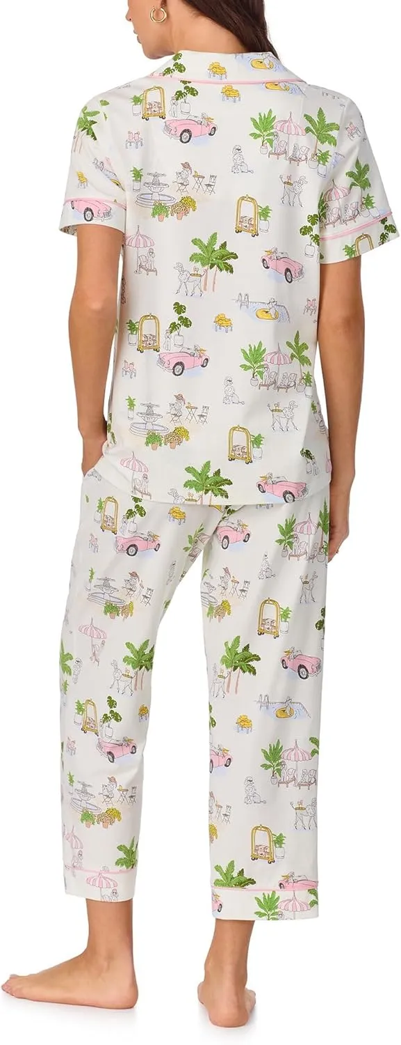 BedHead PJs Womens Short Sleeve Notch Collar & Cropped Pants Sleepwear Pajama Set, Organic Cotton