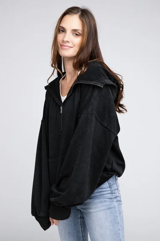 BiBi Stitch Detailed Elastic Hem Half Zip Fleece Hoodie