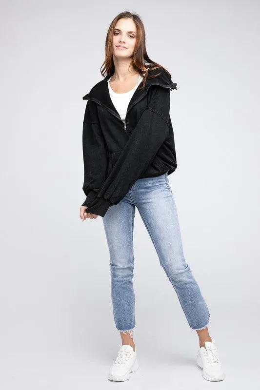 BiBi Stitch Detailed Elastic Hem Half Zip Fleece Hoodie