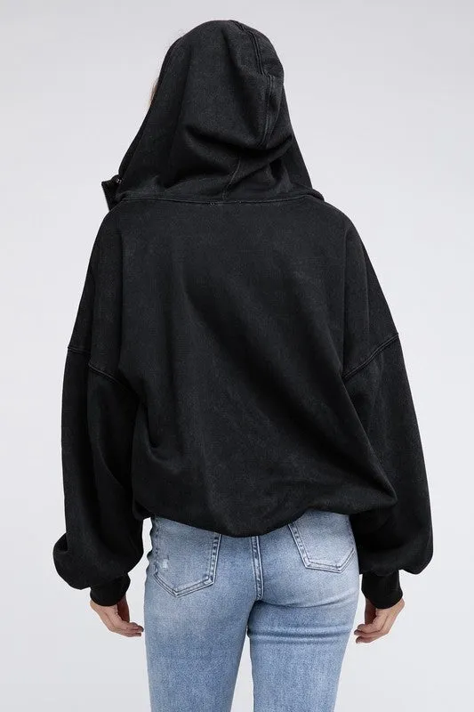 BiBi Stitch Detailed Elastic Hem Half Zip Fleece Hoodie