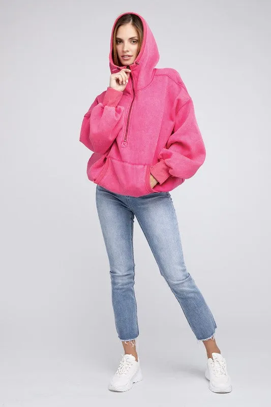 BiBi Stitch Detailed Elastic Hem Half Zip Fleece Hoodie