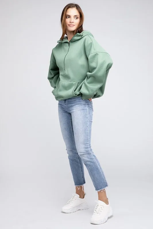 BiBi Stitch Detailed Elastic Hem Half Zip Fleece Hoodie