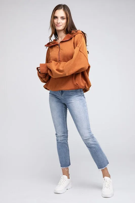 BiBi Stitch Detailed Elastic Hem Half Zip Fleece Hoodie