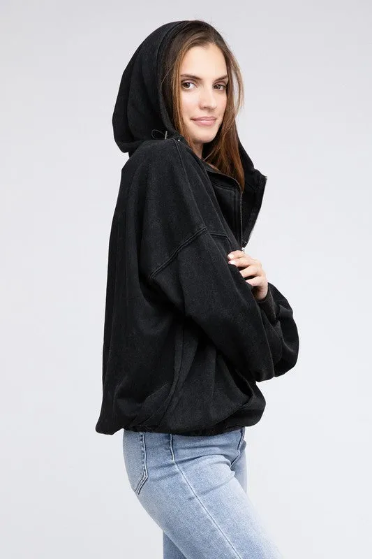 BiBi Stitch Detailed Elastic Hem Half Zip Fleece Hoodie