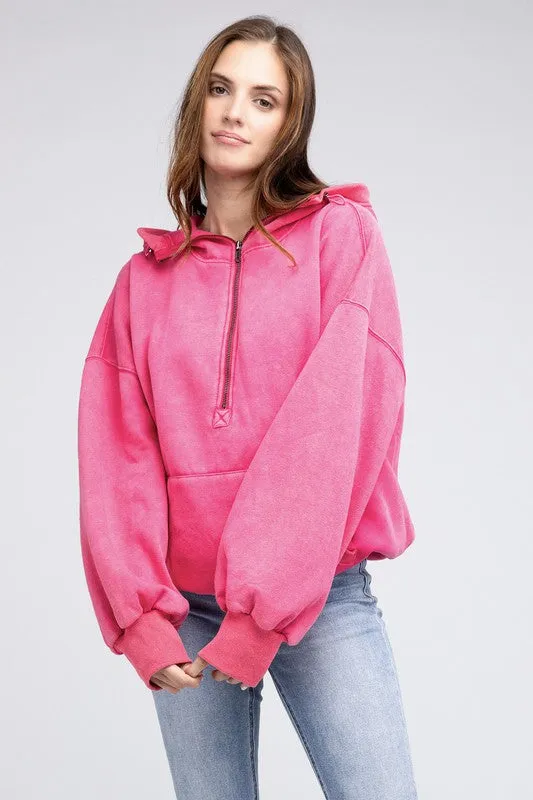 BiBi Stitch Detailed Elastic Hem Half Zip Fleece Hoodie