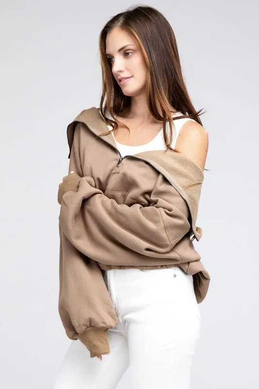 BiBi Stitch Detailed Elastic Hem Half Zip Fleece Hoodie