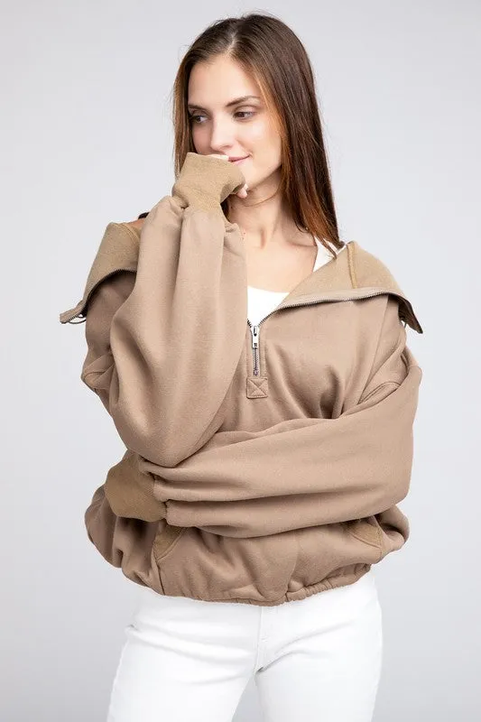 BiBi Stitch Detailed Elastic Hem Half Zip Fleece Hoodie