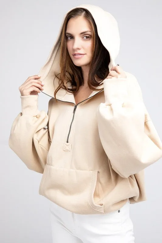 BiBi Stitch Detailed Elastic Hem Half Zip Fleece Hoodie