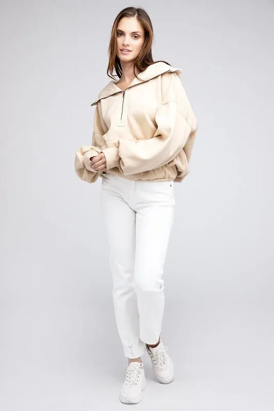 BiBi Stitch Detailed Elastic Hem Half Zip Fleece Hoodie