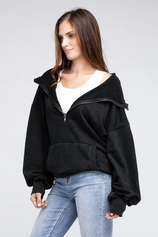 BiBi Stitch Detailed Elastic Hem Half Zip Fleece Hoodie