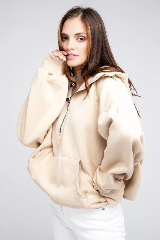 BiBi Stitch Detailed Elastic Hem Half Zip Fleece Hoodie