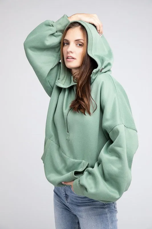 BiBi Stitch Detailed Elastic Hem Half Zip Fleece Hoodie