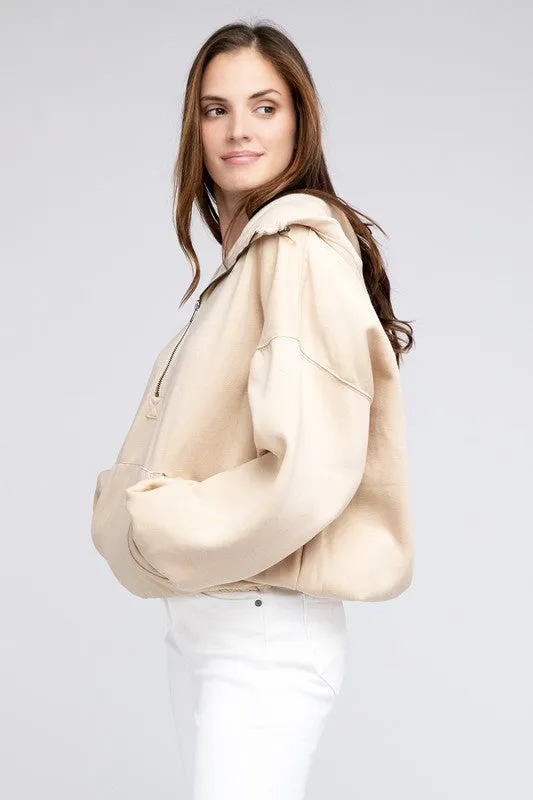 BiBi Stitch Detailed Elastic Hem Half Zip Fleece Hoodie