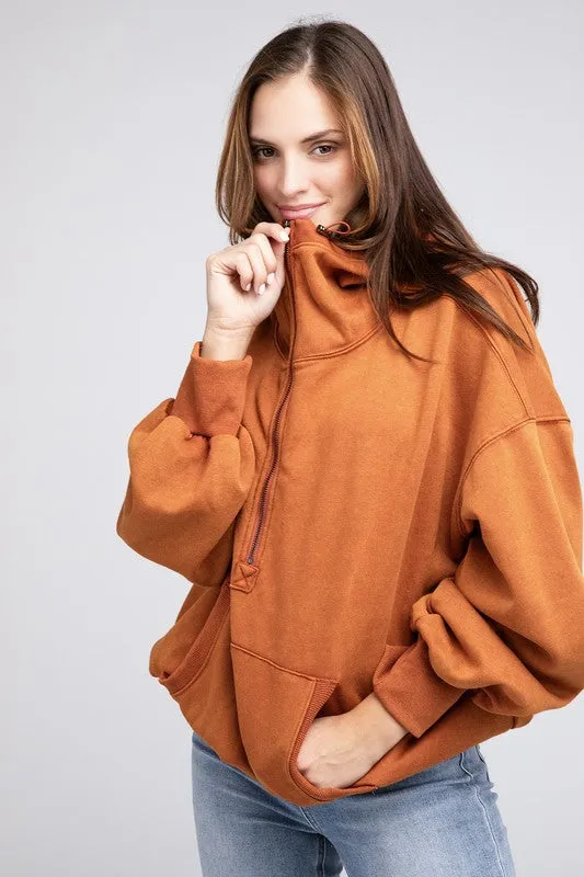BiBi Stitch Detailed Elastic Hem Half Zip Fleece Hoodie
