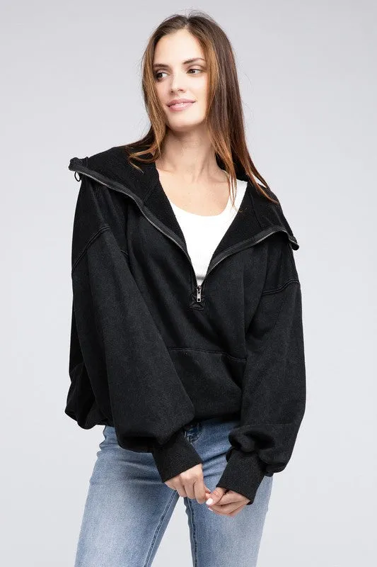 BiBi Stitch Detailed Elastic Hem Half Zip Fleece Hoodie