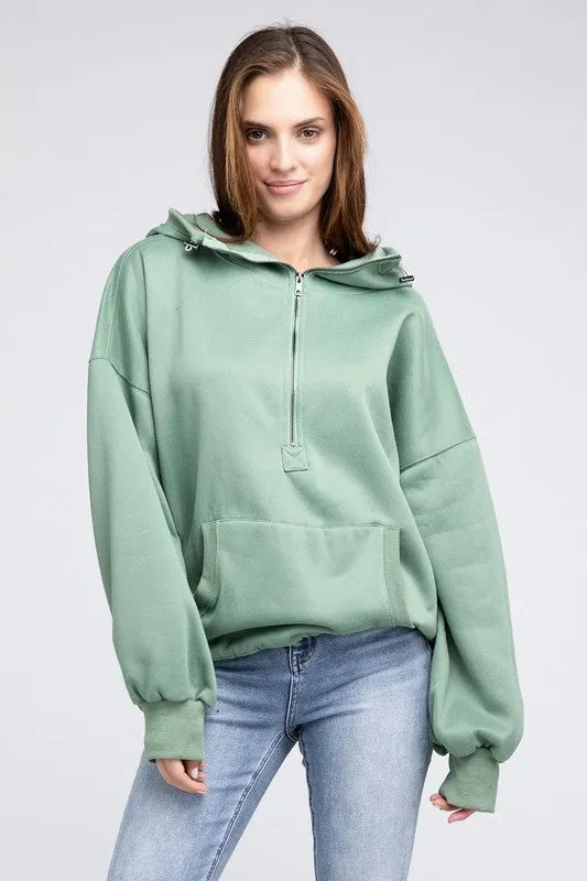 BiBi Stitch Detailed Elastic Hem Half Zip Fleece Hoodie
