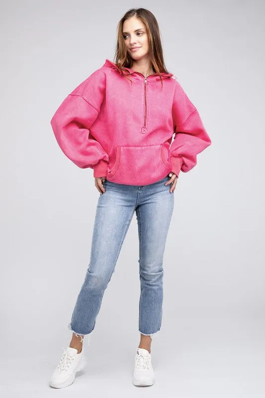 BiBi Stitch Detailed Elastic Hem Half Zip Fleece Hoodie