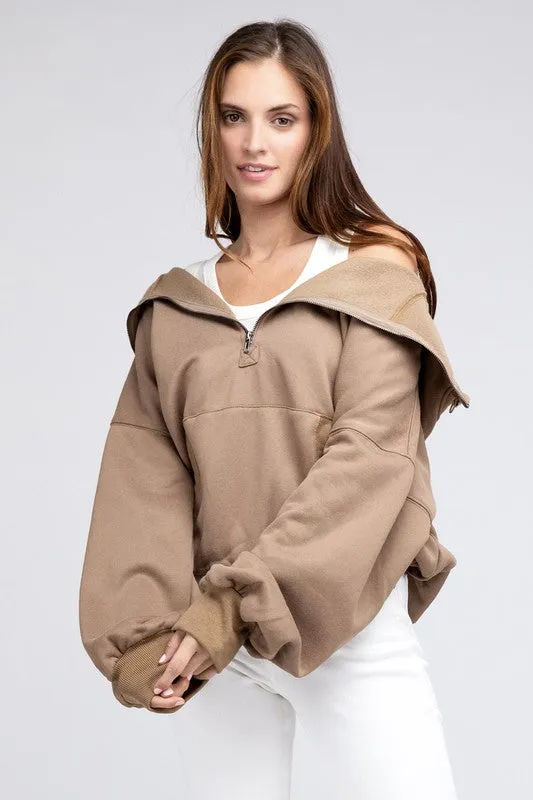 BiBi Stitch Detailed Elastic Hem Half Zip Fleece Hoodie