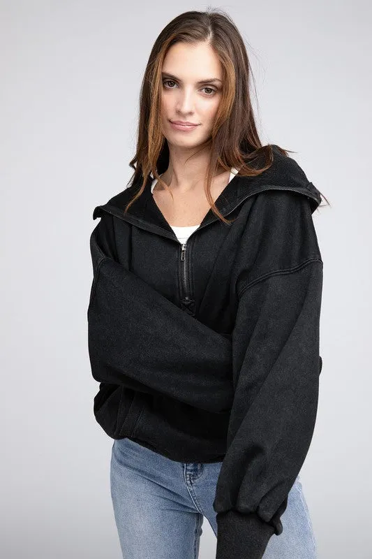 BiBi Stitch Detailed Elastic Hem Half Zip Fleece Hoodie